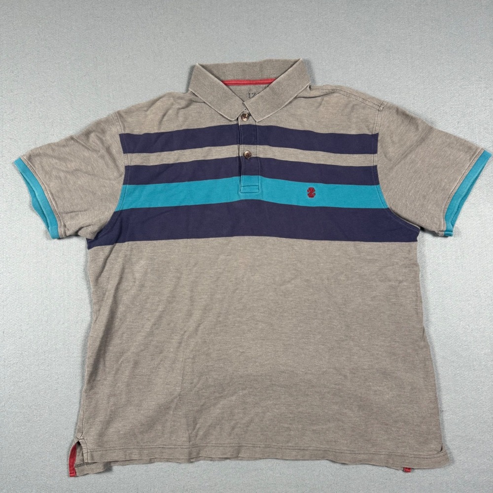 IZOD Mens Gray Striped Short Sleeve Polo Shirt Blue Navy Large L Golf Casual
